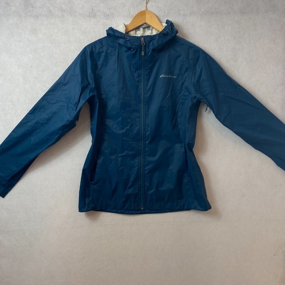 Eddie Bauer Raincoat Women’s Size Small Windbreaker Nylon Hood Jacket Aqua Blue - Picture 8 of 11